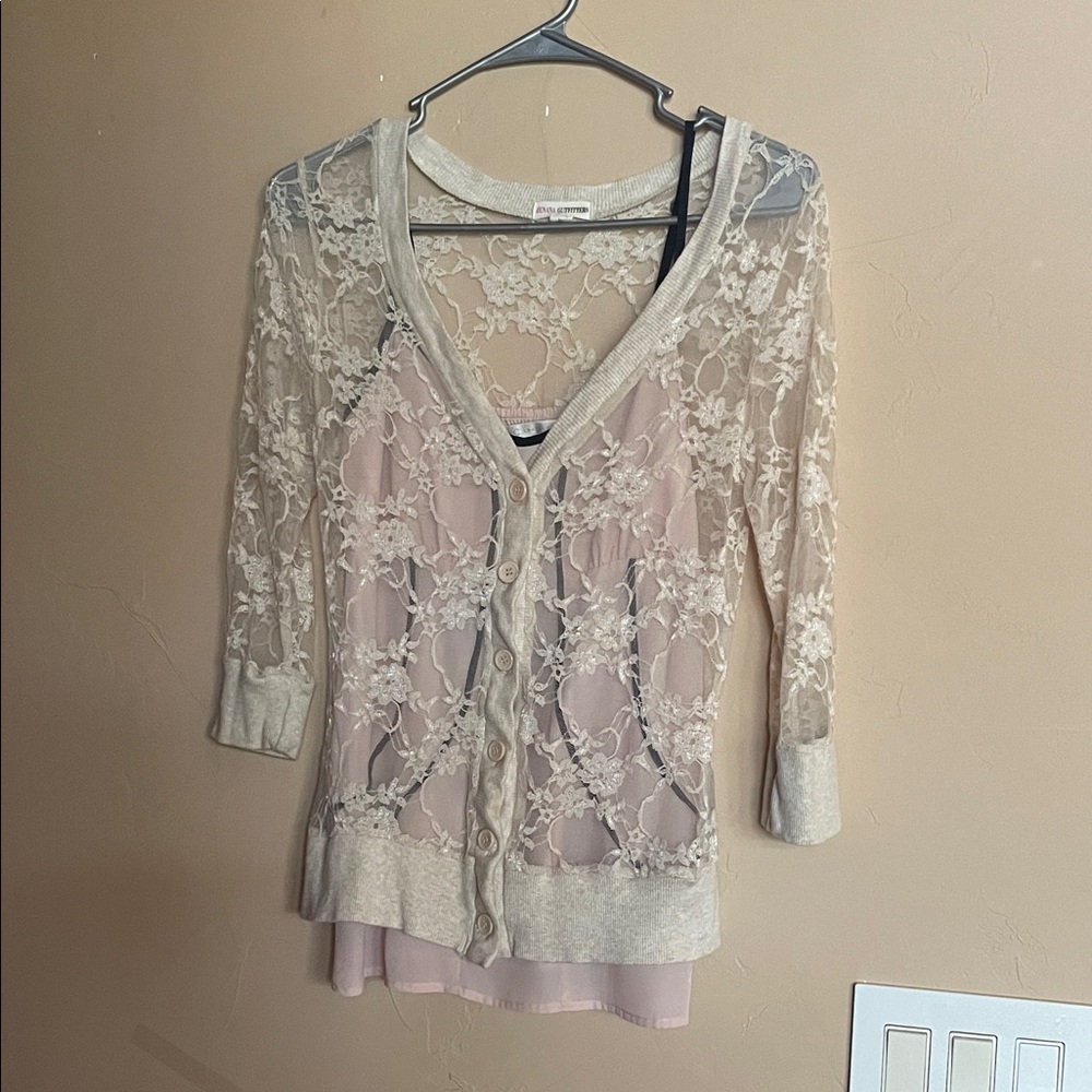 Zenana Outfitters Sheer Floral Lace Button-Up Cardigan - Cream